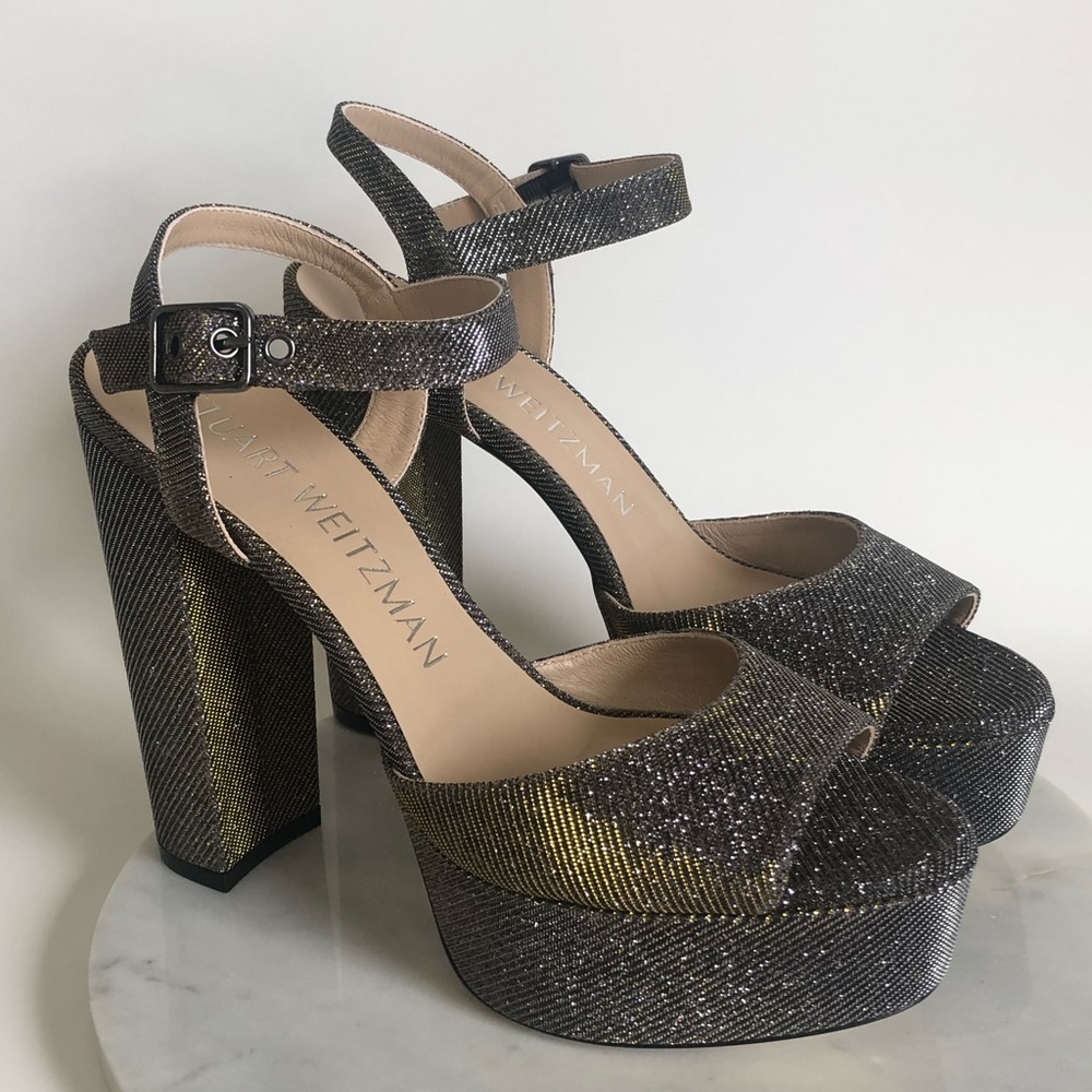 Stuart Weitzman Ryder Gray Gold Shimmer Platform Block Heel Sandals